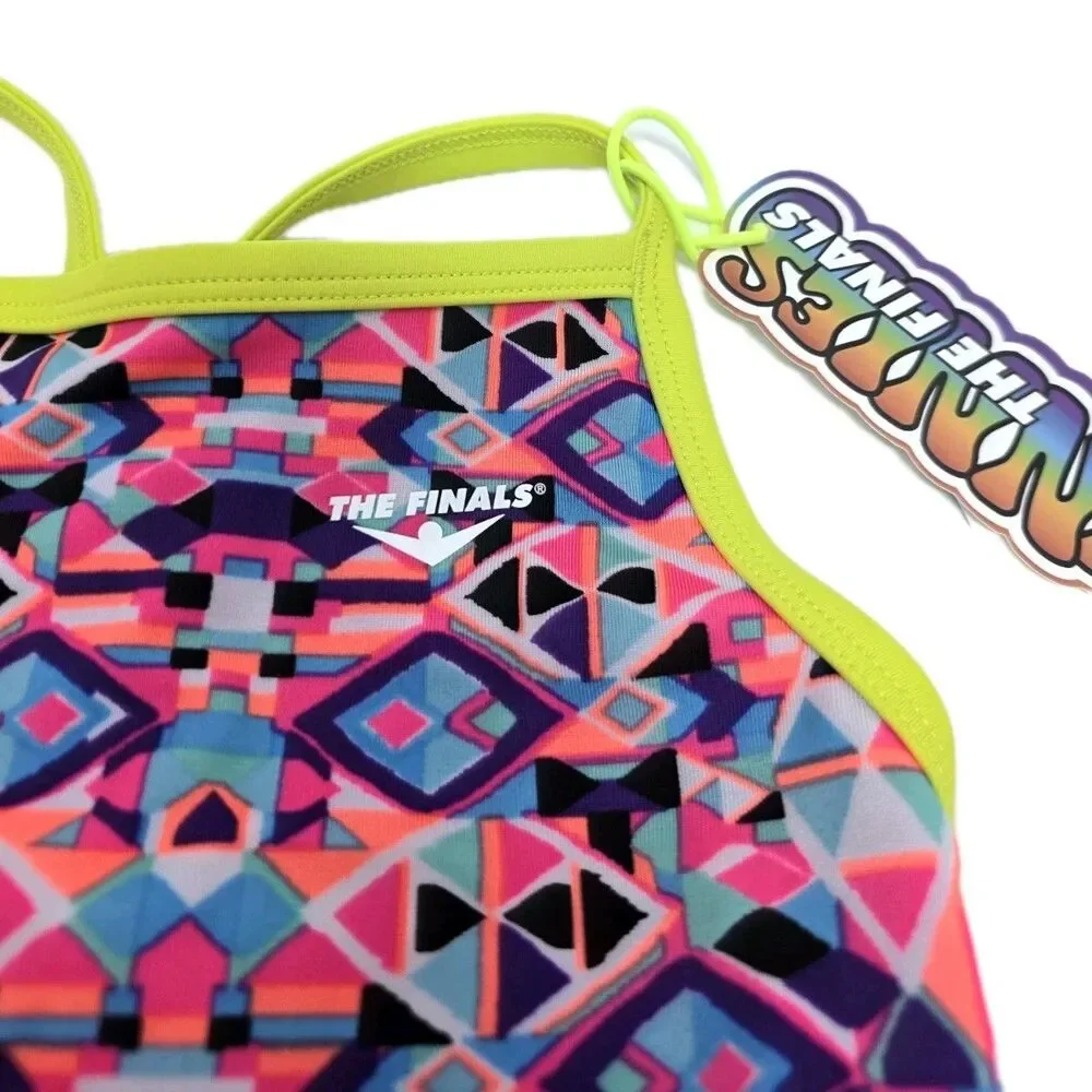 TYR Funnies The Finals Girls 1-piece Cutout Swimsuit Geometric Lined Size 22